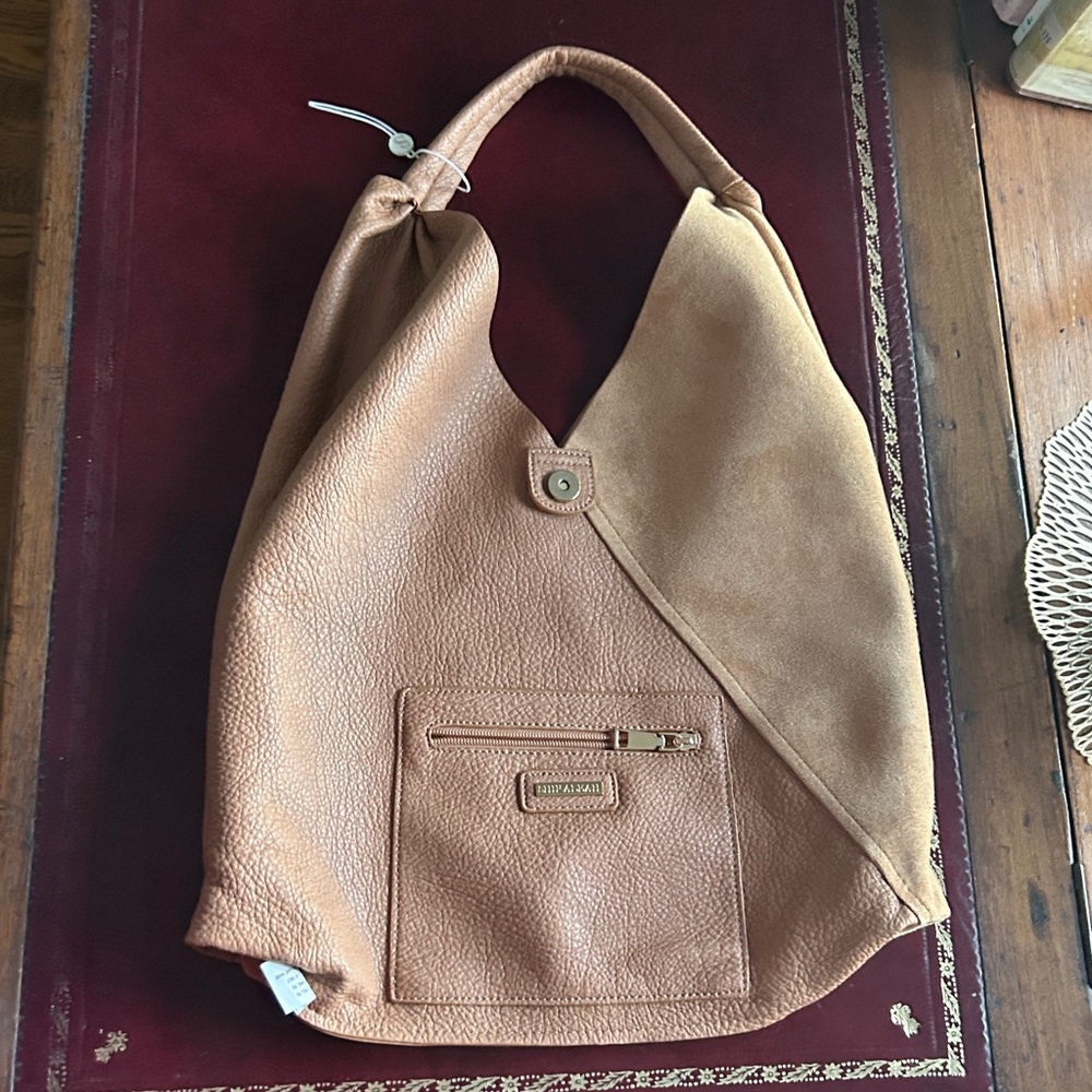 Brown Suede Pebbled Leather Tote Bag Shoulder Bag Animal Friendly NWOT - Picture 9 of 16